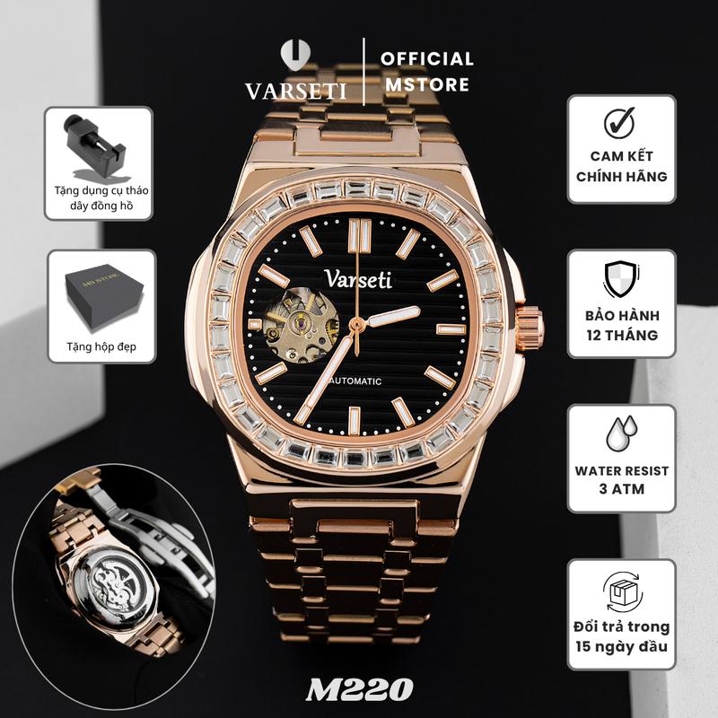   ĐÌNH TRƯỞNG  M220 - Đồng hồ Cơ Varseti Automatic nam dây thép vàng – Mặt đen texture open-heart vành đính đá baguette sang trọng – Lưng lộ máy chống nước 3ATM 