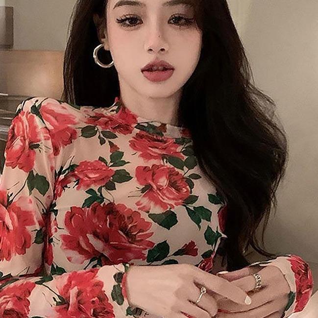 Áo Thun Dài Tay Cổ Tròn Cho Nữ, Áo Crop Top Mỏng, Retro, Hoa, Mùa Xuân 1