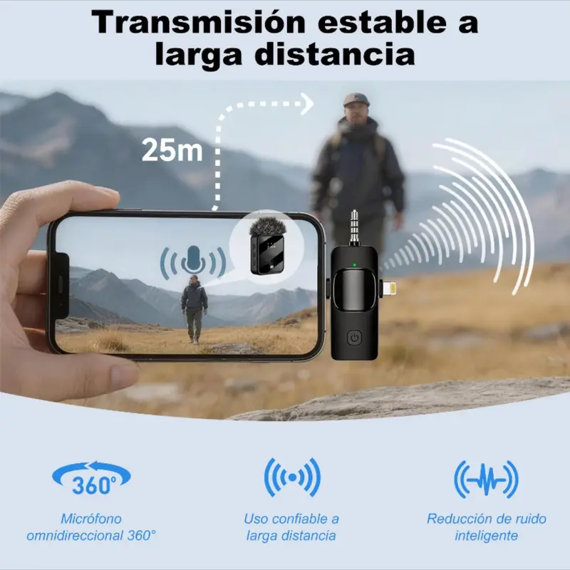 Mini micrófono 3 en 1 para iPhone/Android/ cámara, audio de alta fidelidad, 48 kHz/24 bits, micrófonos inalámbricos, alcance de 100 m, batería de 20 h, micrófono de solapa con reducción de ruido para transmisión en vivo, TikTok y YouTube. - Foto 3
