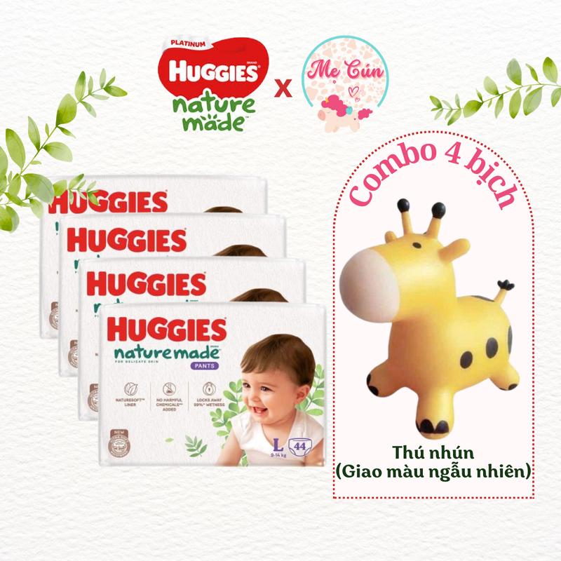   Tặng Thú nhún  Bộ 4 bịch tã Huggies Nature Made bông hữu cơ tã dán S82 M64 L54 tã quần M58 L44 XL38 XXL26 Cho Bé 
