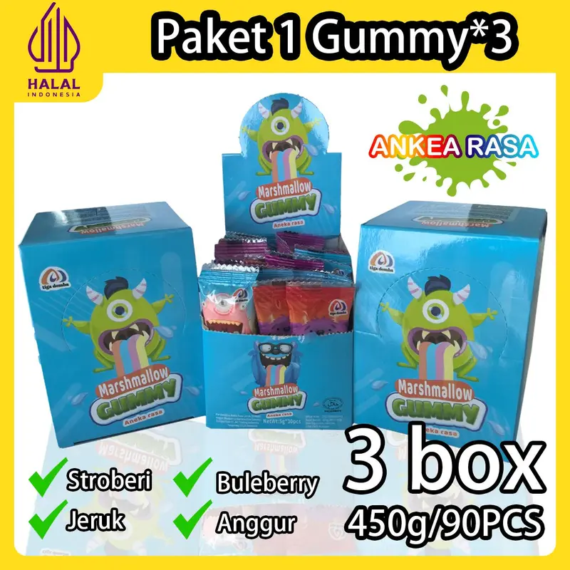Paket 2box+[free 1box], Marshmallow Gummy&Crispy isi 90pcs 6