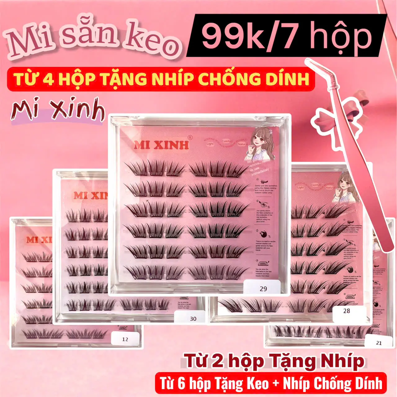 [47k/3hộp, 99k/7hộp] [TẶNG NHÍP CHỐNG DÍNH từ 4 hộp] từ 2 hộp TẶNG NHÍP chuyên dụng, lông mi giả sẵn keo Mi Xinh, mi tự dính, có thể tái sử dụng nhiều lần