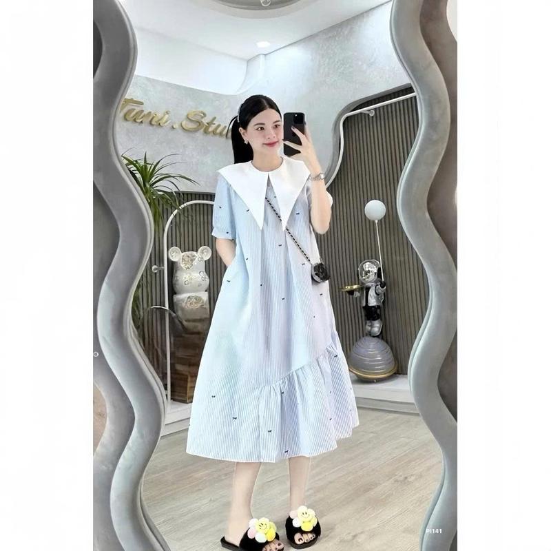 (Có size 45-100kg)Váy babydoll sọc in nơ dáng dài cổ bèo nhọn màu trắng bầu bì thoải mái
