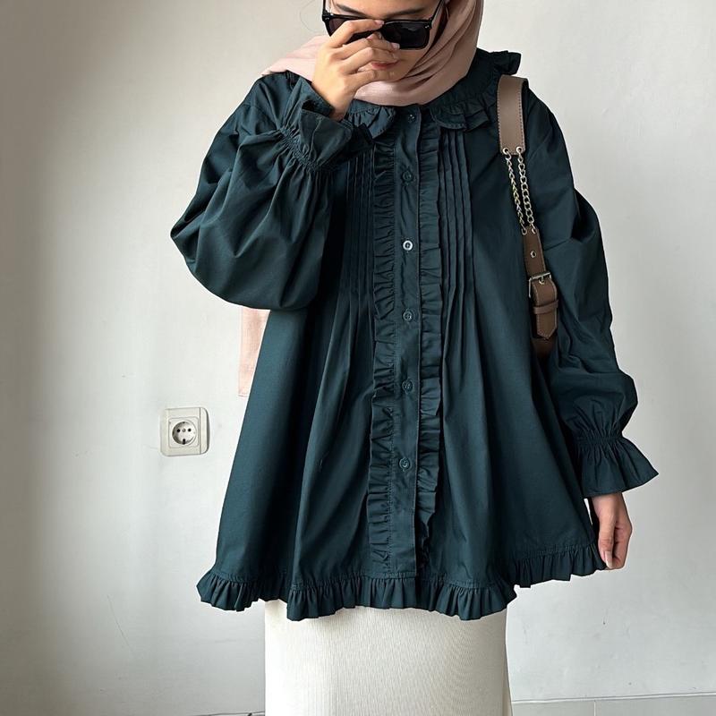 LEONIE POPLIN BLOUSE Atasan Baju Panjang Katun Lembut Oversize Wanita Motif Ruffle 6