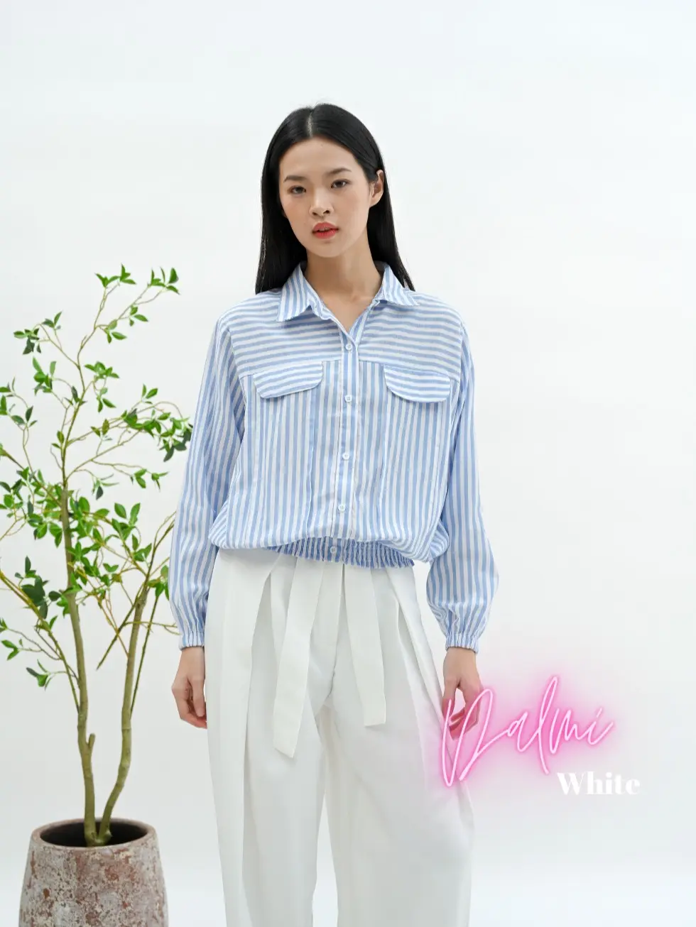 Cammomile DALMI 2306040 Kemeja salur wanita smock bawah Baju Katun Atasan Stripe Basic blouse vintage strip Tangan Panjang Oversize Garis kemeja  viral kemeja salur wanita salur