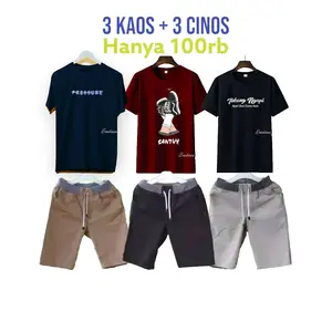 Promo 3 kaos + 3 cinos hanya 100rb Katun Celana Pendek Pria Dewasa