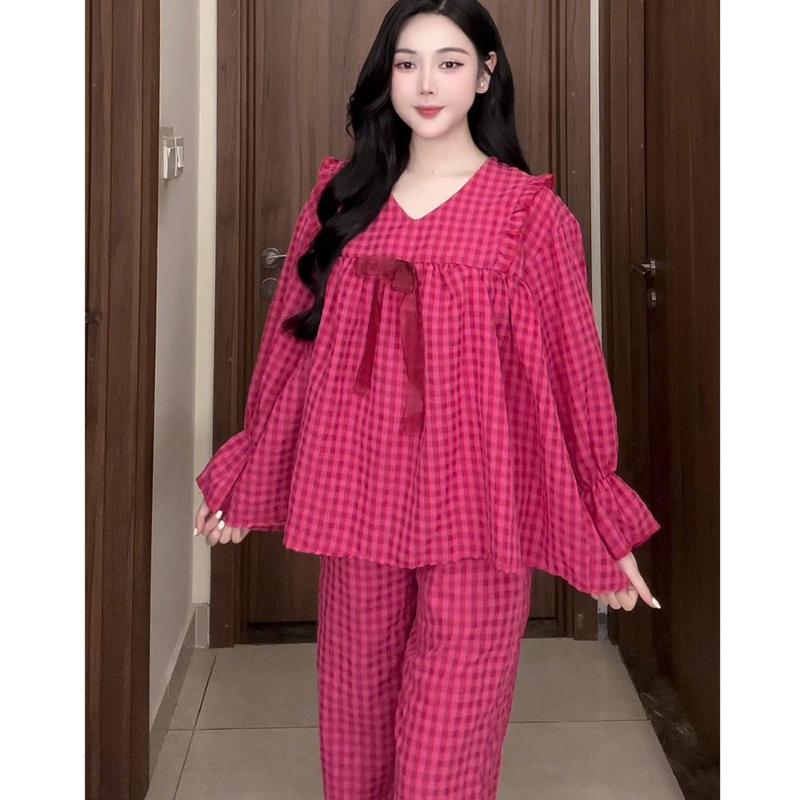 Set đồ bộ nữ babydoll kẻ caro dài tay bánh bèo, bộ đồ măc nhà kẻ caro tay dài quần dài tiểu thư bánh bèo kiểu dáng dễ | BigBuy360 - bigbuy360.vn