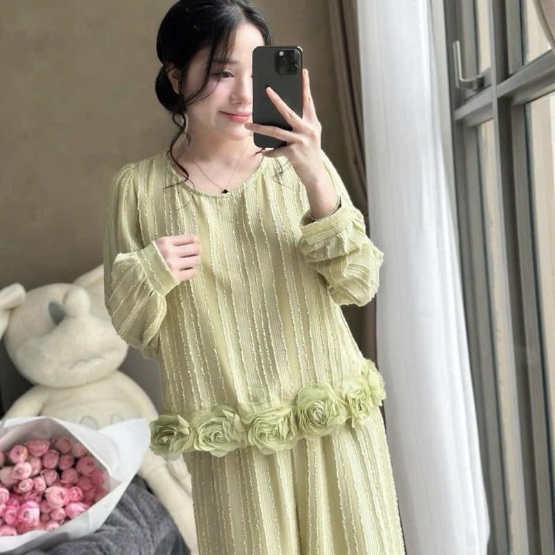  N537- Pijama dài tay đũi tơ sọc phối hoa voan nổi đẹp hàng LYLY- Bộ ngủ mặc nhà hàng quảng châu cao cấp 
