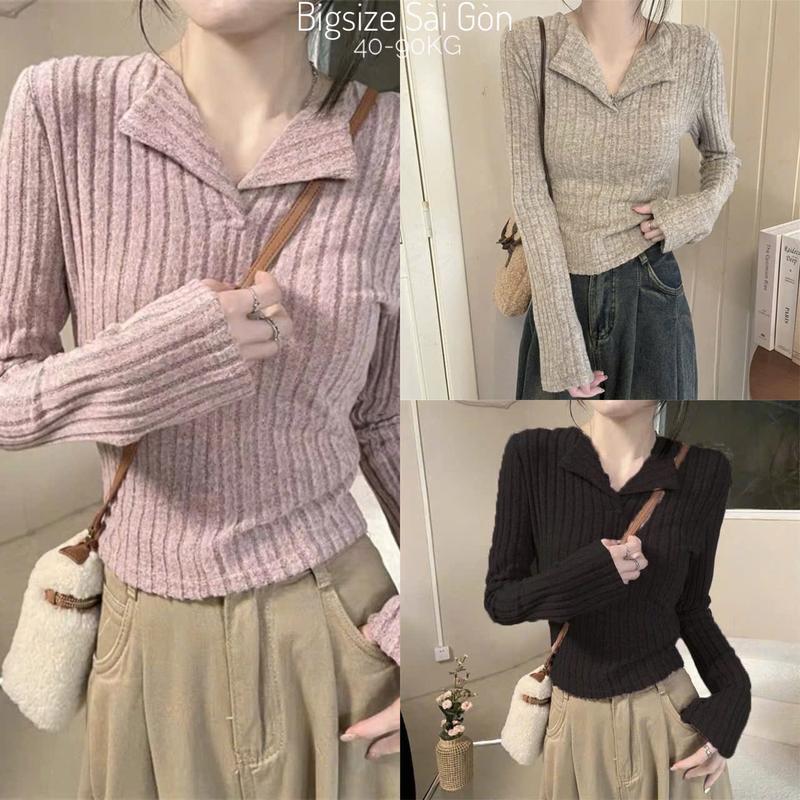  Áo Thun Nữ Tay Dài Phối Cổ V Vải  Len Qc Mềm Mịn Cao Cấp Thanh Lịch Bigsize 45–90kg Béo Xinh Shop - A.1622 