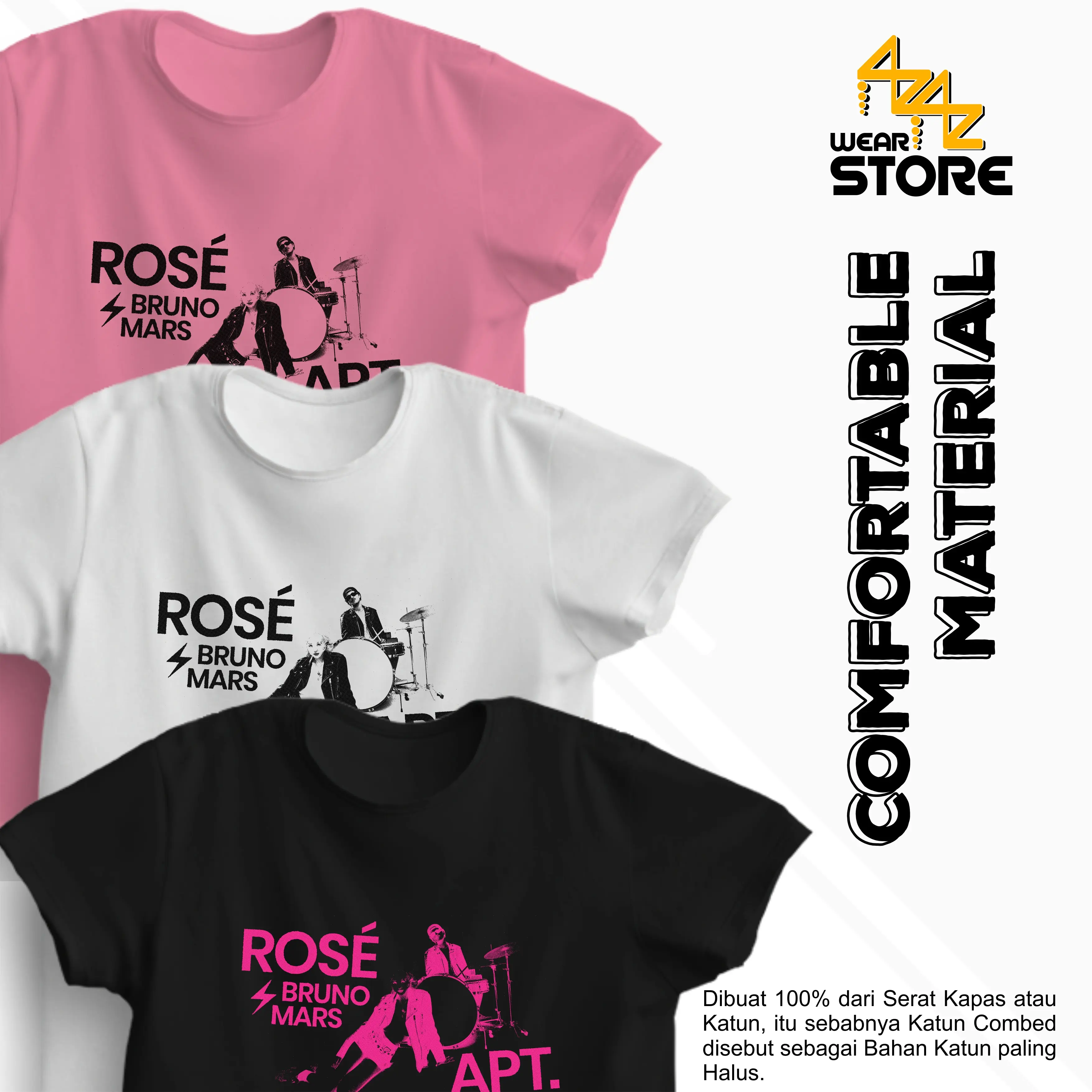 Baju Kaos Distro Pria Wanita Viral APT Rose Bruno Mars Katun Hitam Pink Putih Combed Unisex Keren