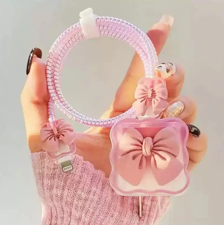 3D Cute 5PCS/Set Pelindung Charger Iphone Motif Kristal Pelindung Kabel & Kepala Charger Iphone 18w&20w Pelindung Adaptor Iphone yang lucu
