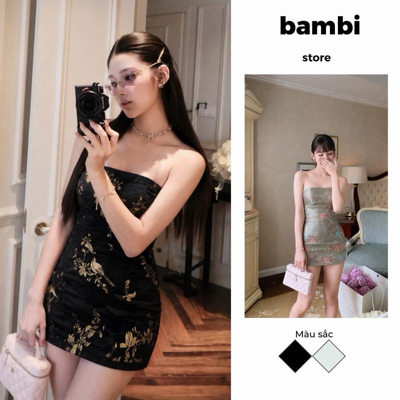 [Bambi] ĐẦM GẤM HOA CÚP NGANG ( có tặng kèm lót )