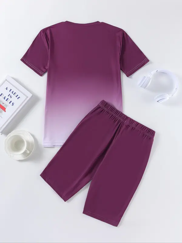Two-piece Set Women's Ombre Print Short Sleeve Tee & Skinny Shorts, Casual Round Neck T-shirt & Shorts for Daily Wear, Ladies Two-piece for All Seasons, Clothes 5