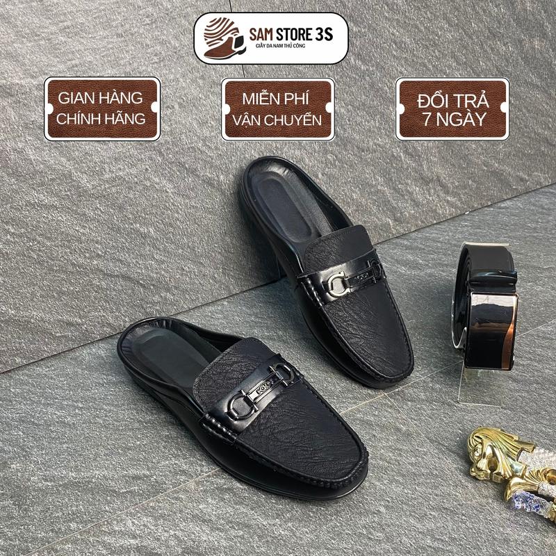 Sục Nam Đế Khâu- Vân nhám Đai Hợp kim- khâu thủ công - Leather Studio- giày hở gót & guốc sục nam 20 Shoes Đế Bằng DéP giày  sục