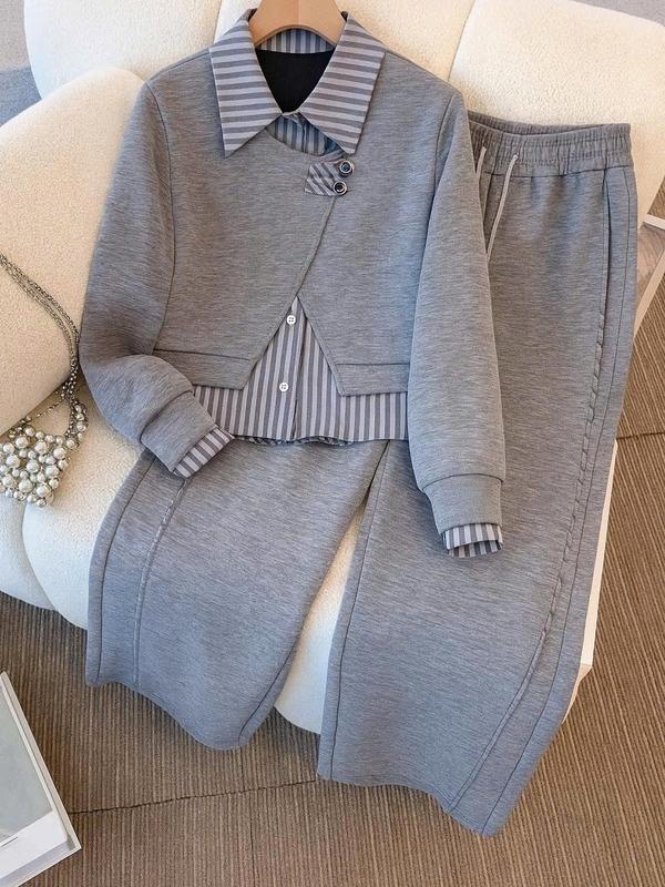 Bộ Áo Sơ Mi Phối Nỉ Áo Nỉ Chắp Vá Quần Ong Đứng Thời Trang Thu,Sét Đồ Bộ Nữ Thu Đông Chất Nỉ Da Cá Cao Cấp S900