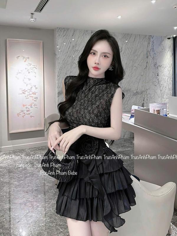 DX1421 Váy Dự Tiệc Chất Ren Kim Sa Đính Đá Có Phối Nơ Alice Dáng Cổ Lọ Chân Váy Xếp Ly Nhiều Tầng Bigsize KimNgân