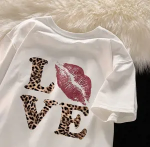 Edgy Leopard LOVE Graphic Oversized Tee - Retro Y2K Loose-Fit , Unisex Couple Style Available in Black & White