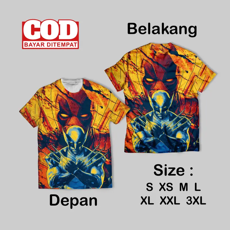 Kaos Fullprin Wolverine Deadpool Wallpaper | Kaos AOP Wolverine Deadpool film Depan belakang 1