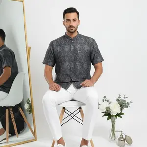 Baju Koko Modern Kemeja Sanghai Pria Elegan dan Berkelas dengan Desain Unik Kualitas Terbaik untuk Acara Formal dan Semi-Formal - hitam kombi Couple mahogany ko Muslim lengan