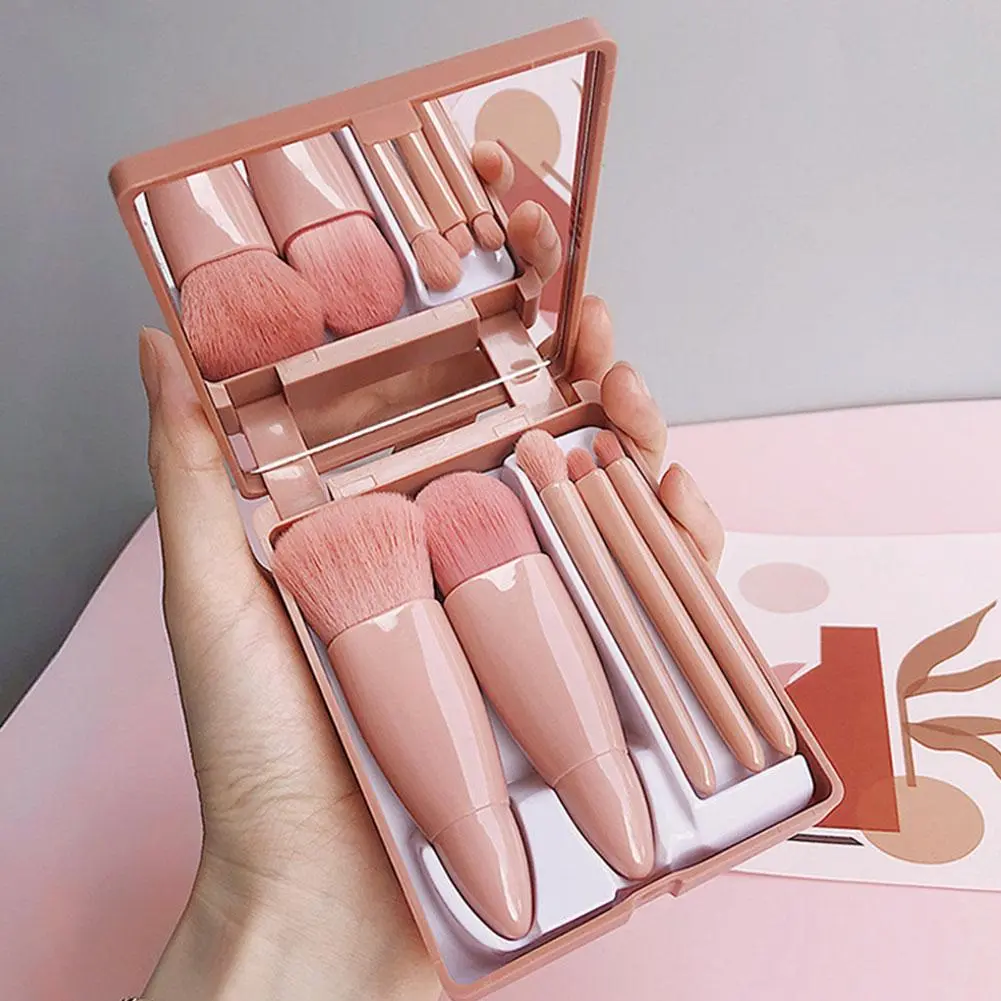 【TERSEDIA & COD】Set Kuas Makeup Portabel 5-in-1 Warna Pink Dengan Cermin Terintegrasi, Kuas Alas Bedak, Perona Mata, Dan Concealer Dari Serat Sintetis Lembut, Kit Kuas Makeup Mini Multifungsi 3