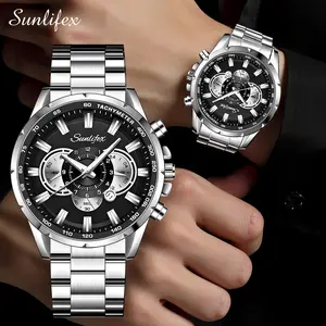 【003Harga telah diganti, cepat beli】Sunlifex Jam Tangan Pria  Kalender Kuarsa Jam Tangan Cowok Santai Tali Stainless Steel Original SL3351