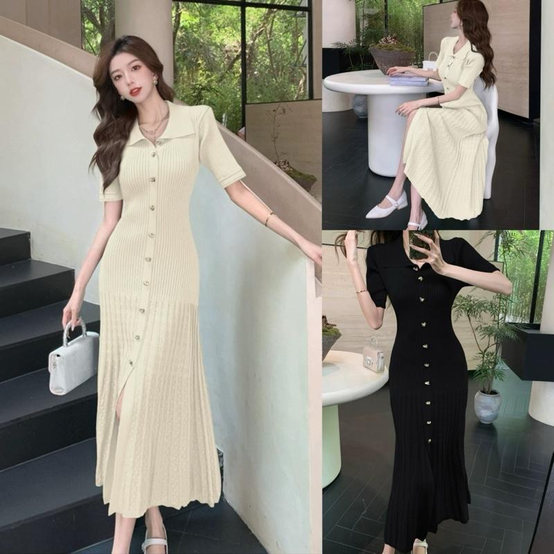 [ Hàng QCCC L1/ Order 7- 10 Ngày ] Đầm Len Mỏng Dáng Dài Cộc Tay Phối Khuy Sừng Cổ Polo Chân Váy Xếp Ly Sang Trọng Dự Tiệc, Du Lịch Dành Cho Nữ Women Dress By DiepGZ13725