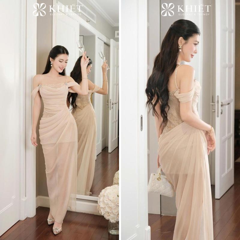 KHIẾT - Đầm tiệc Khiết ren kim sa đính đá phủ lớp tơ châu sa rũ mềm quý phái KD383