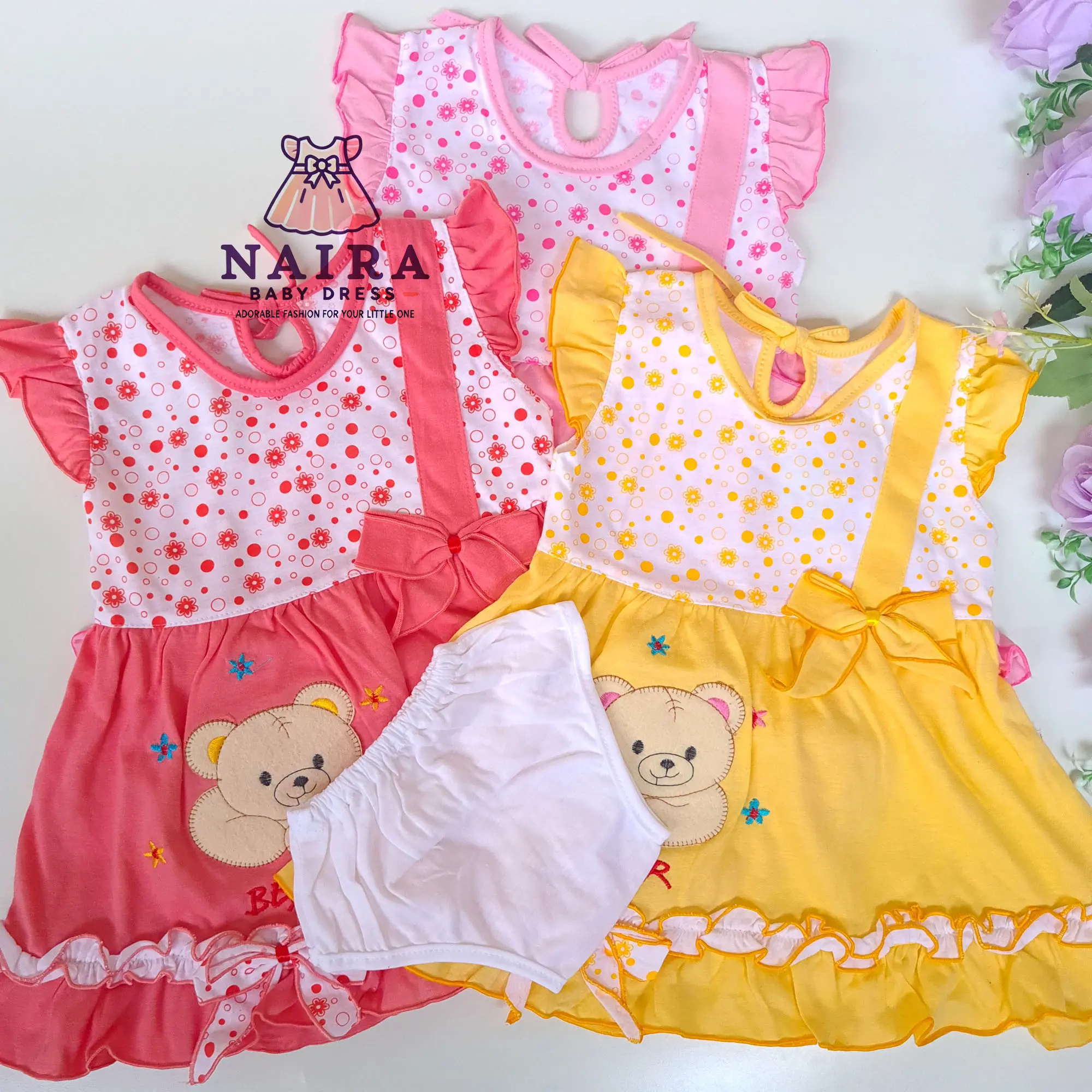 (P-037) Baju Bayi Perempuan 0-6 bulan newborn / Dress bayi perempuan newborn Planet Kidz Motif Bear Cu