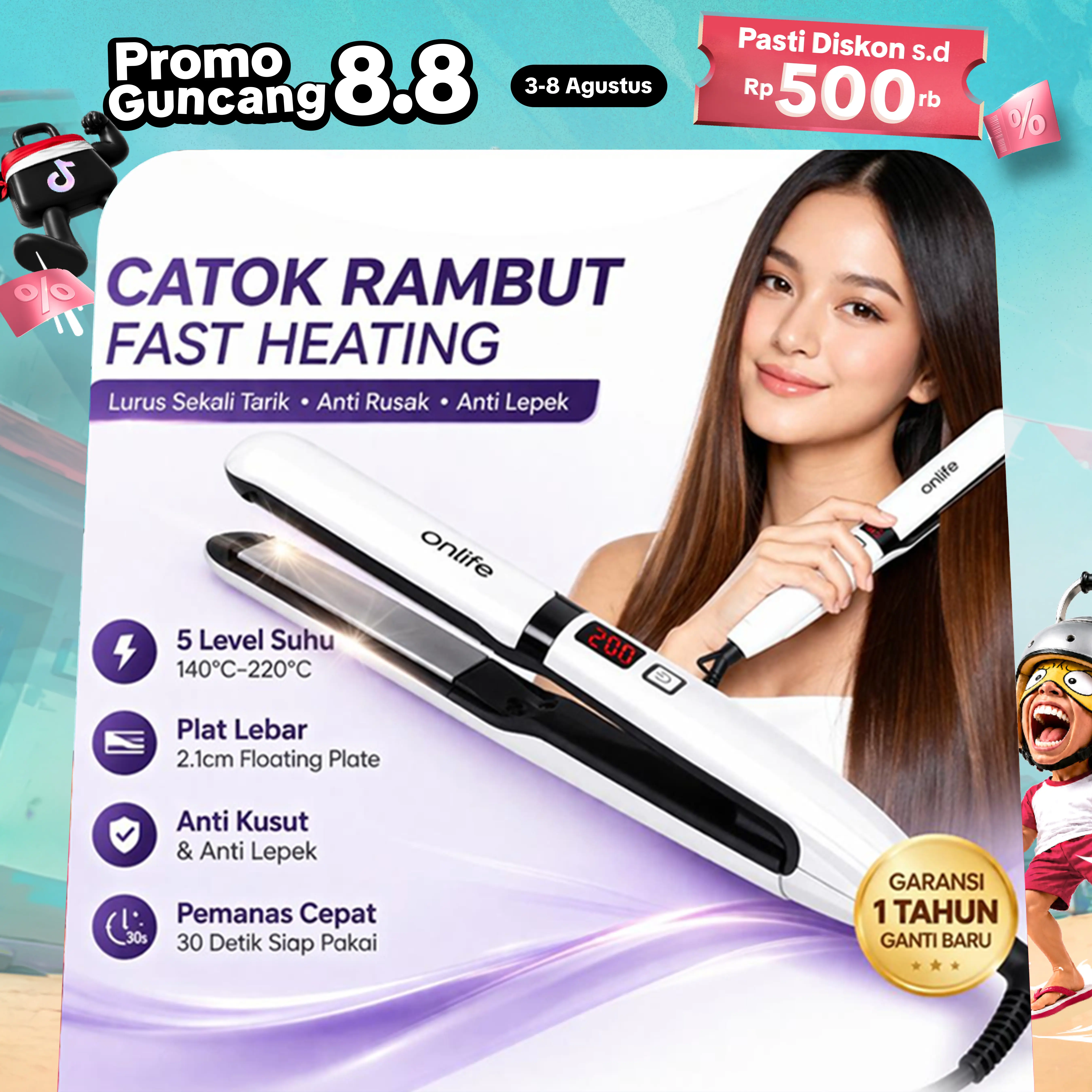 Onlife - 2 In 1 Catok Rambut Hiron | Ceramic Tourmaline Coating Inflatable Plate livchic catokan ori  Meluruskan Lepek ZF01