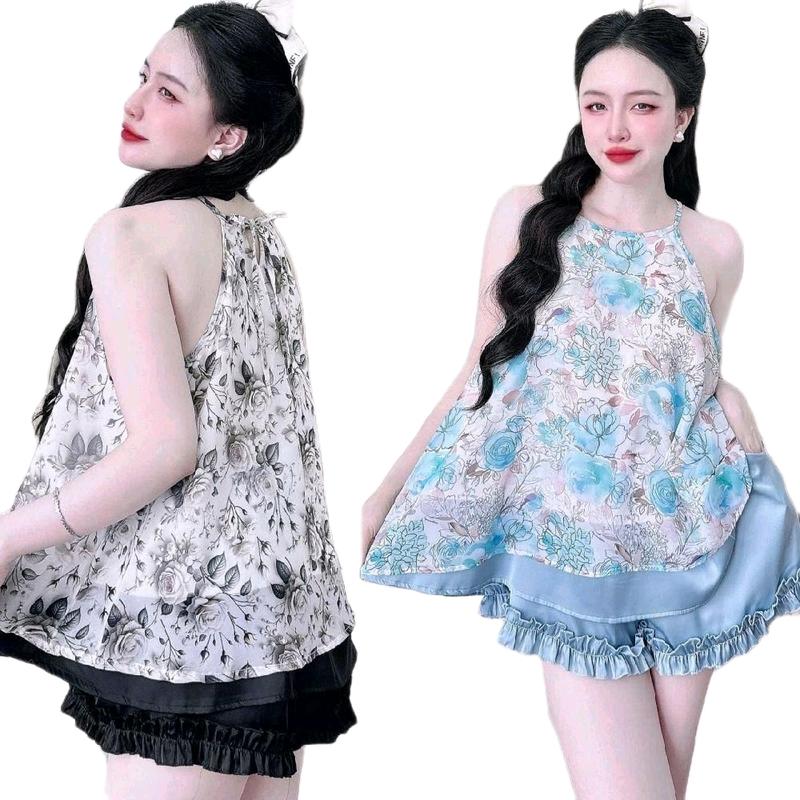 Đồ ngủ pyjama nữ mặc nhà bigsize Mẫu yếm áo 2 dây quần đùi viền bèo Lụa Latin và Voan mềm đẹp mặc mát Set bộ xinh women