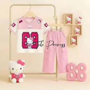 Setelan Anak Perempuan Jersey Hello Kitty Celana Kargo usia 3-12 Tahun / Setelan Anak Kekinian
