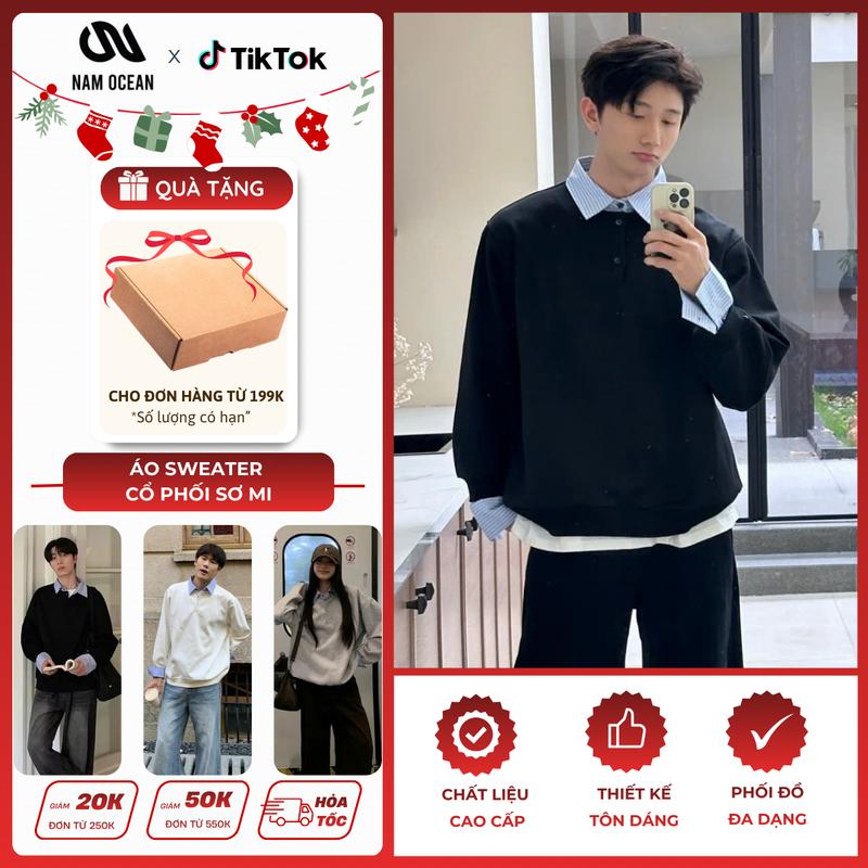  Nam Ocean - Áo Sweater Phối Cổ Sơ Mi Dài Tay Nỉ 2 Da Unisex M33 Phong Cách Trẻ Trung & Lịch Thiệp Cho Nam Nữ 