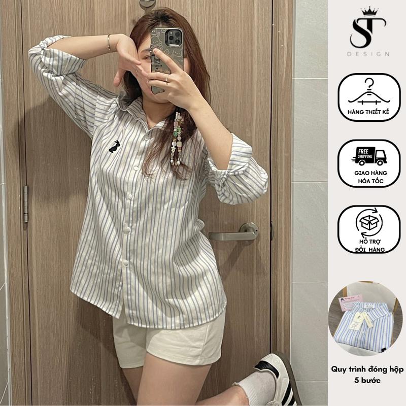 Áo sơ mi nữ tay dài kẻ sọc xanh thêu tay ulzzang QC cao cấp thời trang phong cách dễ phối đồ - ST Design - A04.
