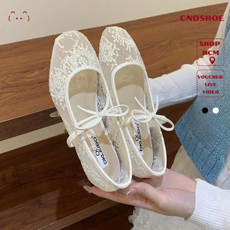 Cndshoe Dép nữ đẹp, Giày búp bê nữ cndshoe hoạ tiết hoa lưới mùa hè thoáng chân quai ngang đính nơ - LUNA SHOES bệt