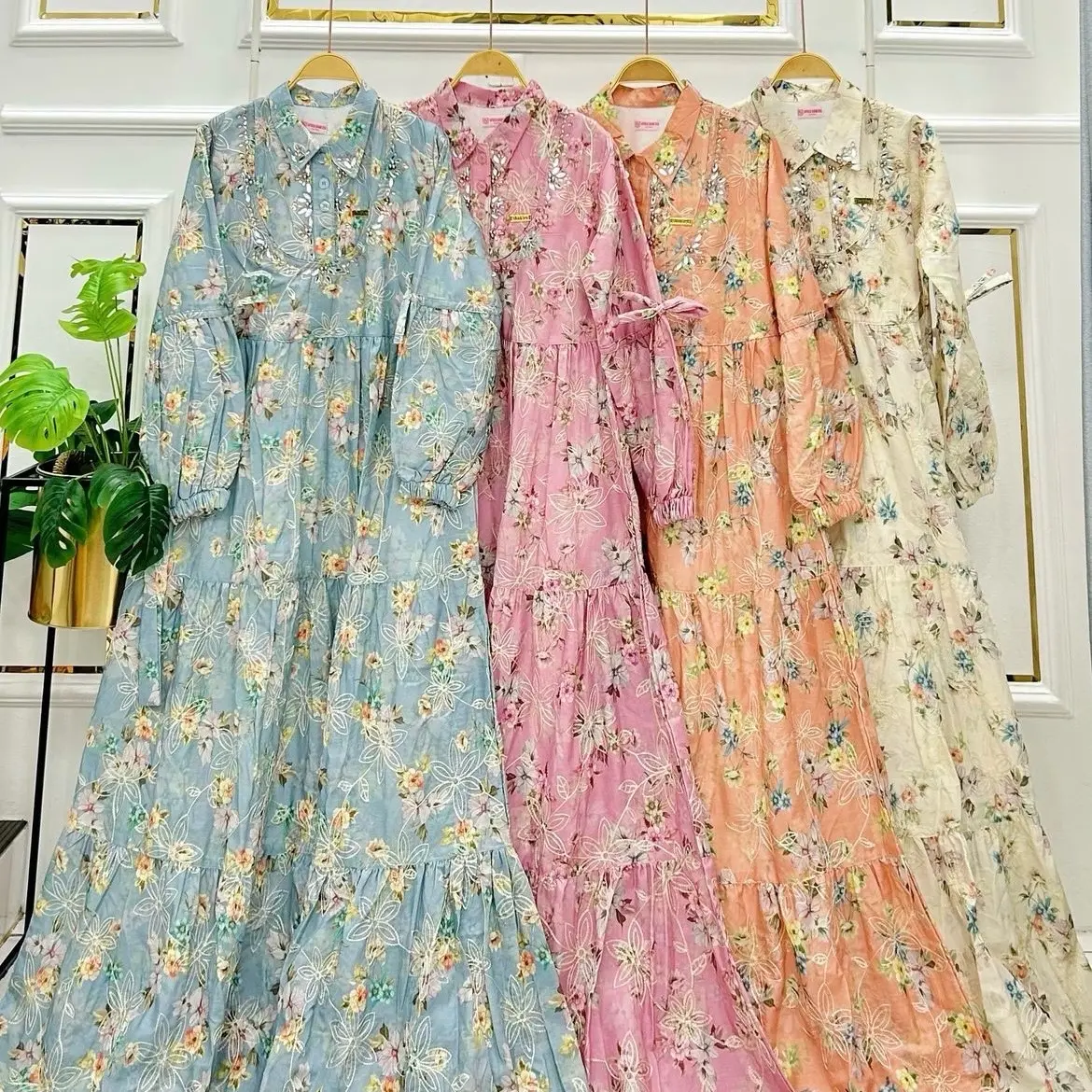 Gamis katun bordir kerah kemeja