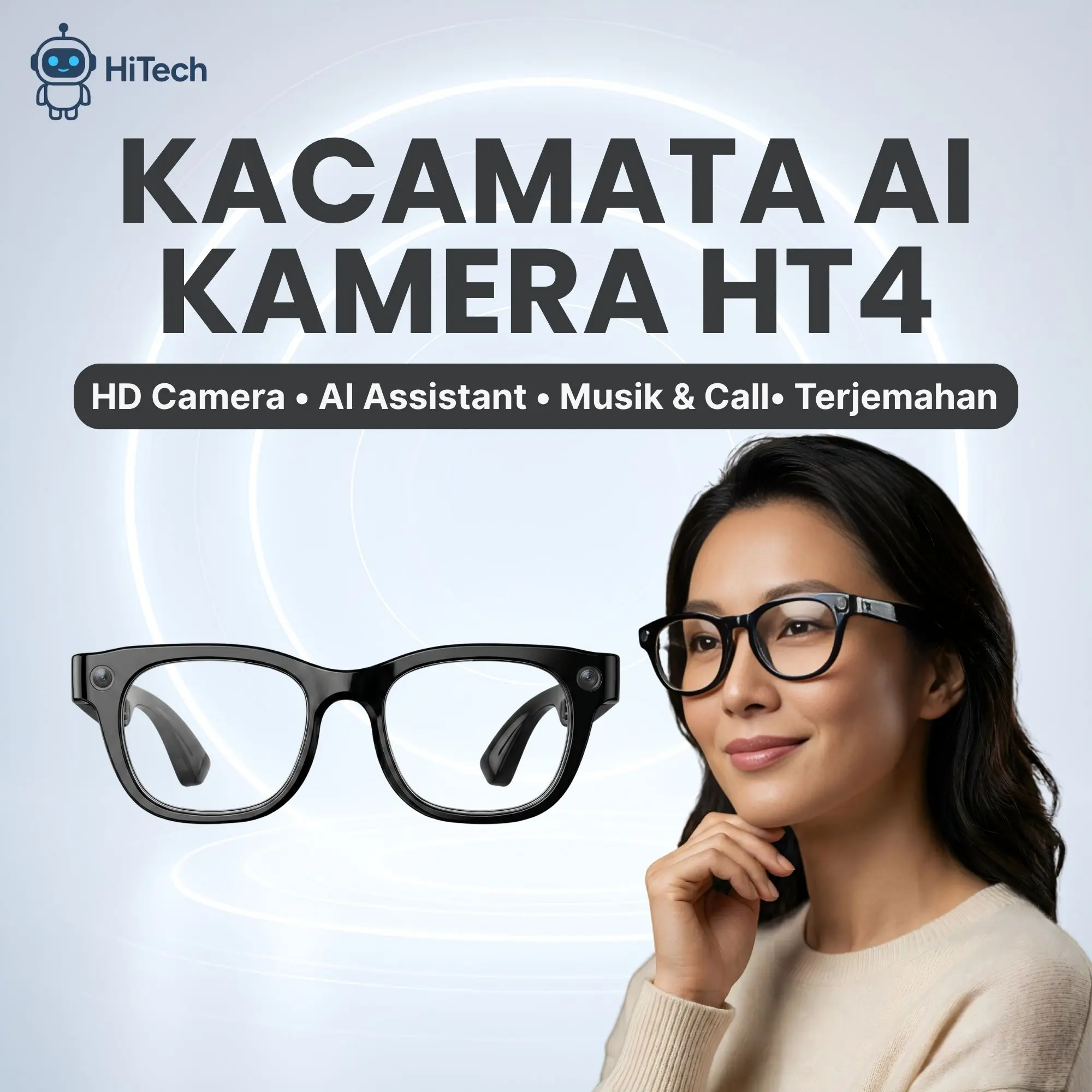 Kacamata AI Kamera HT4 – Video Stabilizer, AI Voice Assistant & Glasses Rekam Video 1200p, Dual Speaker, Built-in Storage