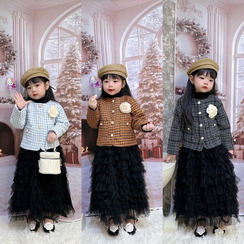  Áo Khoác Dạ 2 Lớp + Đính Cúc Ngọc Sang Chảnh + Tặng Kèm Hoa Cài Ngực Đáng Yêu Dành Cho Bé Gái 