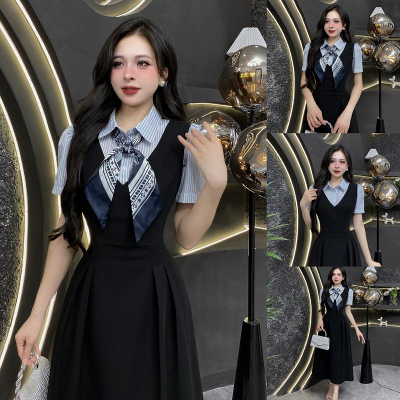 EV18 - Váy Thiết Kế Evii dành cho nữ, Đầm thiết kế cổ đức phối kẻ họa tiết nơ nhí (tặng kèm khăn) dáng A xòe dài phù hợp đi làm, đi chơi và đi dự tiệc. Có Bigsize Women Dress