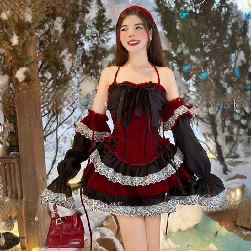 ĐẦM NHUNG CỘT DÂY PHỐI TAY RỜI TƠ VOAN ĐEN