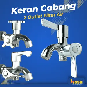 HOSU Kran Air 2 Cabang 1/2" Inch Kran Shower Cabang 2 Keran Air Mesin Cuci Double Stainless Tembok