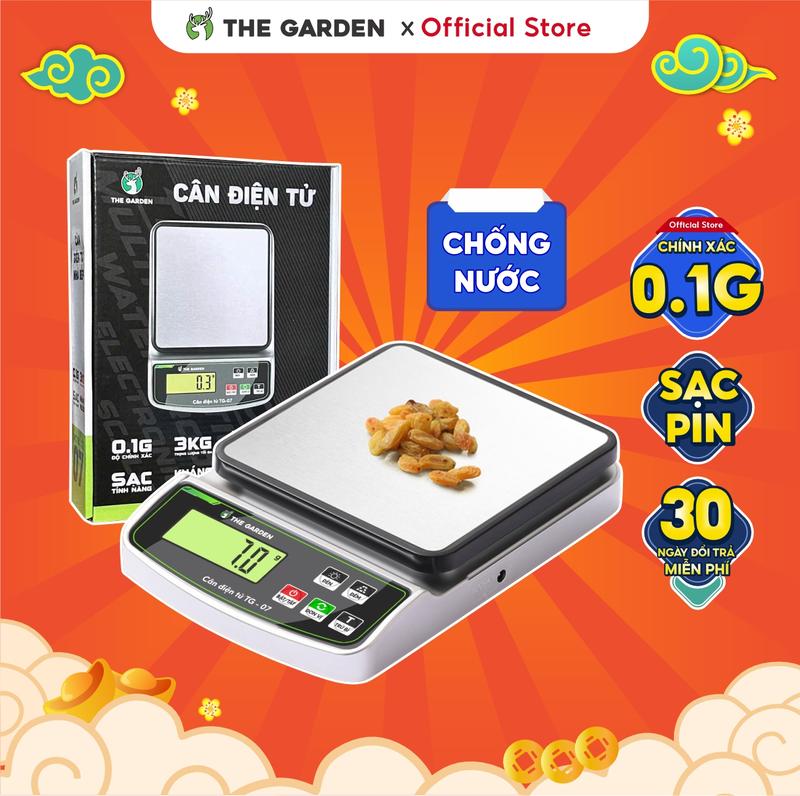 Cân tiểu ly điện tử chống nước nhà bếp mini GREENBAR 0.1g - 3kg, màn hình LCD có đèn LED kèm 2 viên p.in