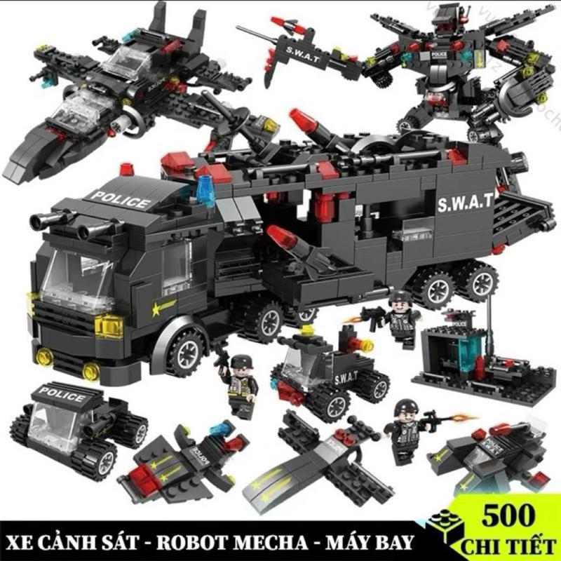 [500 CHI TIẾT] Đồ Chơi Xếp Hình SWAT Cho Bé, Bộ Lắp Ráp Xe Cảnh Sát Robot Mecha Máy Bay 3in1, Quà Tặng Cho Bé