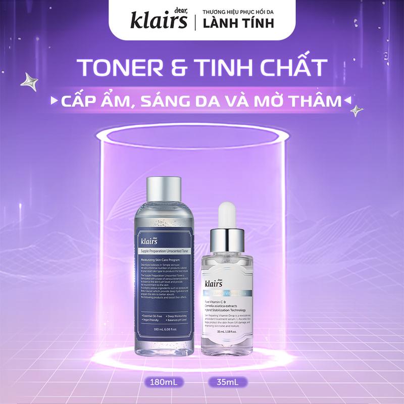  Combo Tinh chất Dear Klairs Freshly Juiced Vitamin Drop 35ml+ Nước hoa hồng Supple Preparation Unscented Toner 180ml 