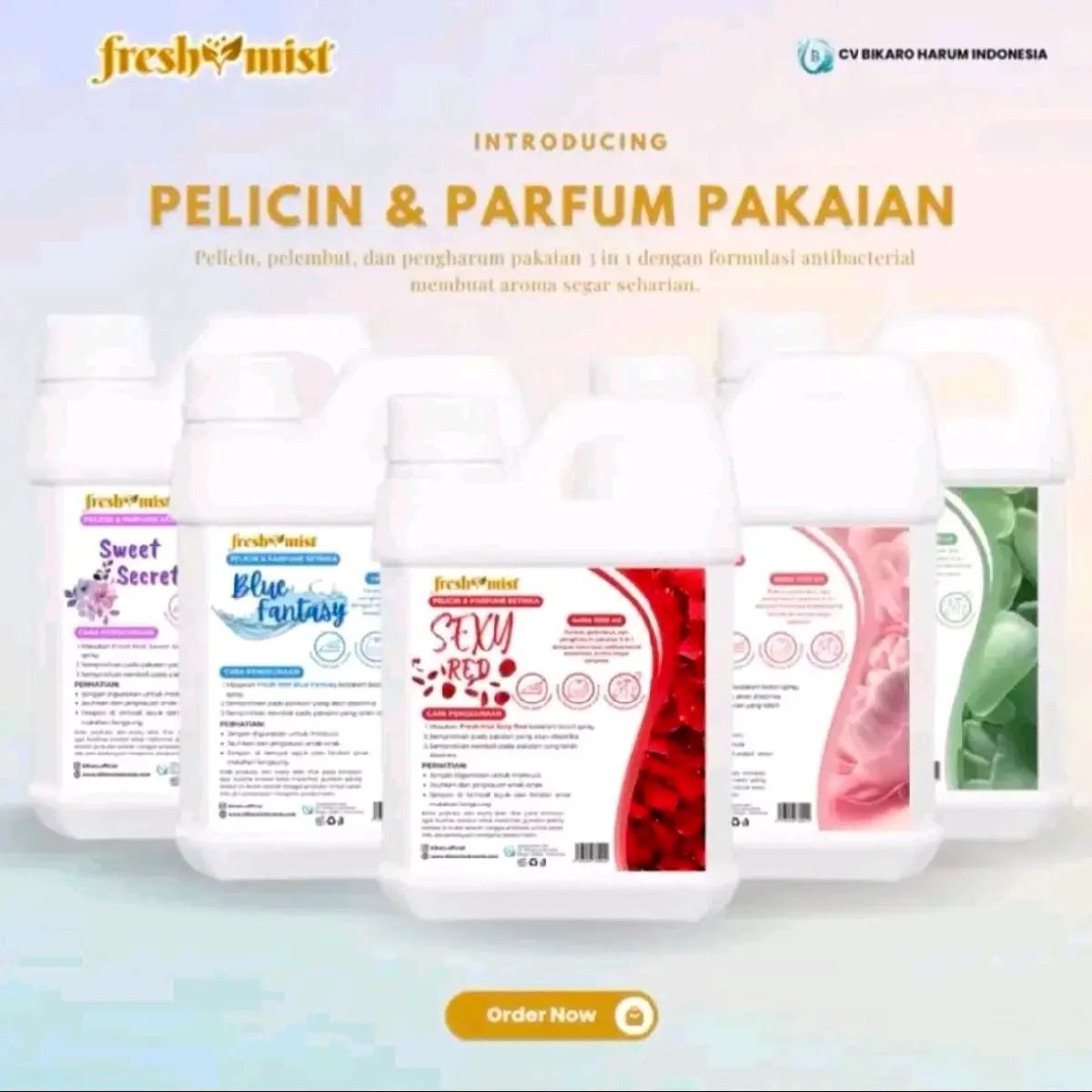 FRESHMIST PELICIN PEWANGI PELEMBUT PARFUME LAUNDRY TAHAN LAMA BEST-SELLER  CAIRAN ANTIBAKTERI WANGI ANTI BAU DAN APEK PADA KAIN & PAKAIAN KEMASAN 1 LITER