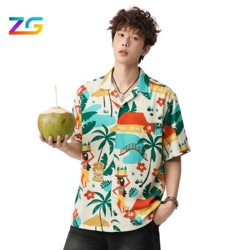 Áo sơ mi nam họa tiết ZGO vải lụa mềm mát loại áo đi biển đi du lịch cho gia đình hội nhóm có size trẻ em họa tiết Hawaii A3D33 Menswear Cổ Sơ mi Cổ Tròn