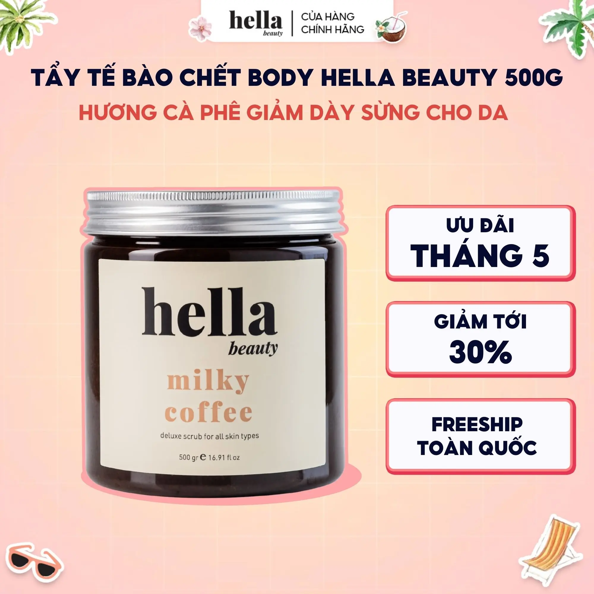 Tẩy Tế Bào Chết Body Cà Phê Hữu Cơ 500g Hella Beauty Cho Mọi Loại Da Dưỡng Da Body