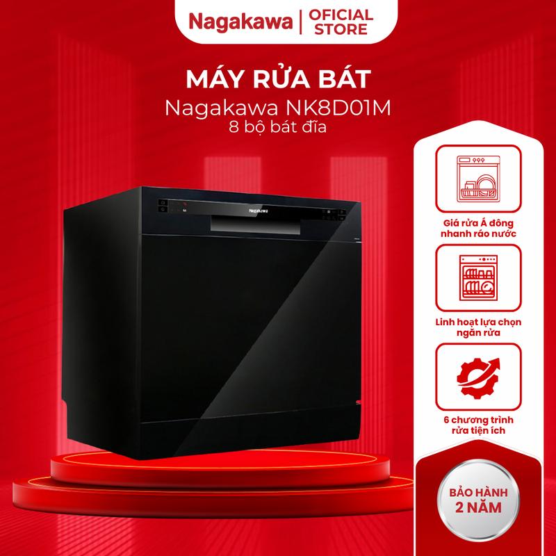 Máy Rửa Bát Nagakawa NK8D01M – Dung Tích 8 Bộ bát đĩa – Công Suất 1400W – Độ Ồn Thấp, Vận Hành Êm Ái, 6 Chương Trình Rửa Tiện Ích – Nhớ Chương Trình Rửa Khi Mất Điện – Made in Malaysia – Bảo Hành 2 Năm