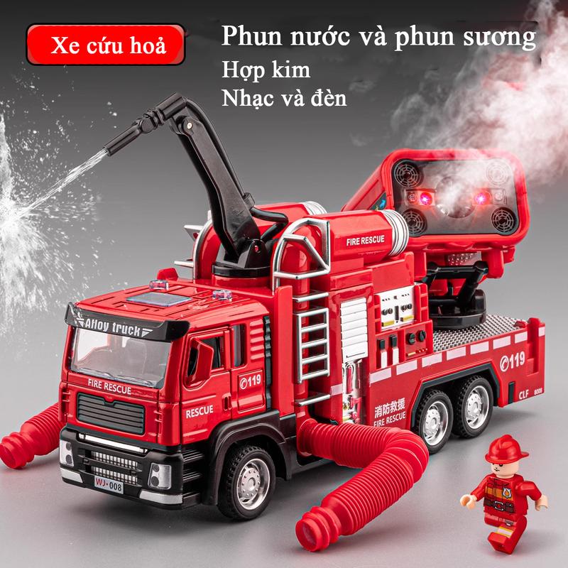 Đồ chơi xe cứu hoả phun nước và sương có ống xả kèm theo bằng hợp kim có nhạc và đèn