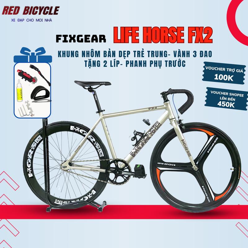   SALE  Xe Đạp Fixed Gear LIFE HORSE FX2 Khung Nhôm Không Mối Hàn Tặng Phanh + Quà Tặng - Xe Đạp Bánh Ba Đao Học Sinh Tay Cong 