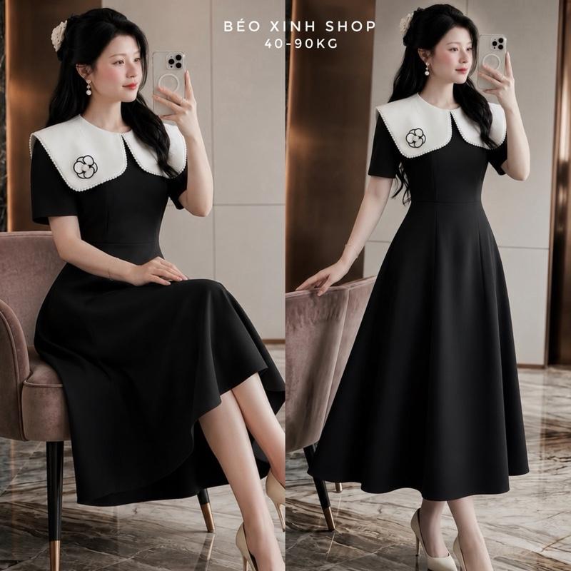 Váy Dự Tiệc Nữ Tay Ngắn Cổ Bèo Phối Hoa Vải Cotton Lạnh Cao Cấp Thanh Lịch Bigsize 40–90kg Thời Trang Nữ Béo Xinh Shop - A.1619